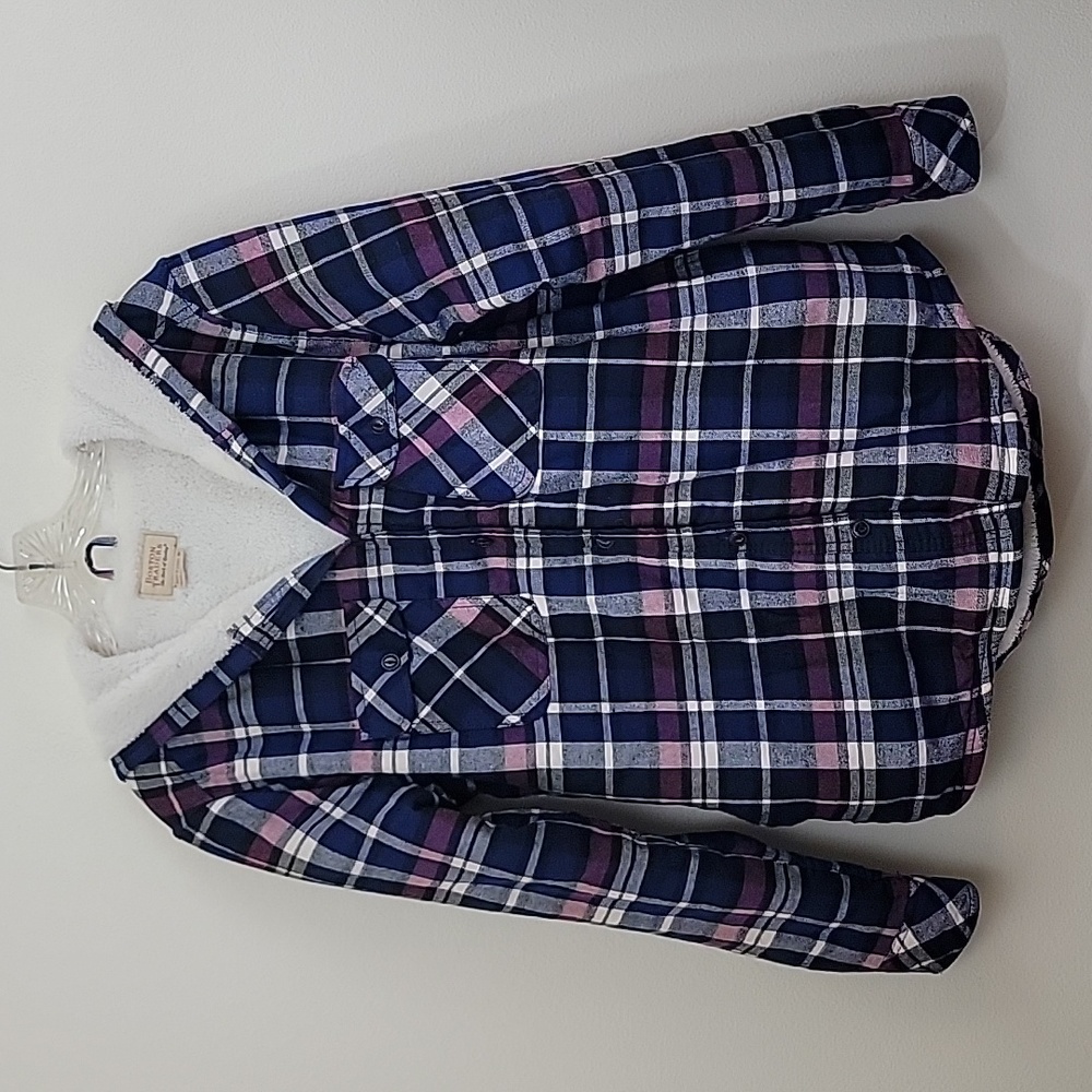 Boston Traders Blue, Pink & White Plaid Hooded Shirt Jacket M